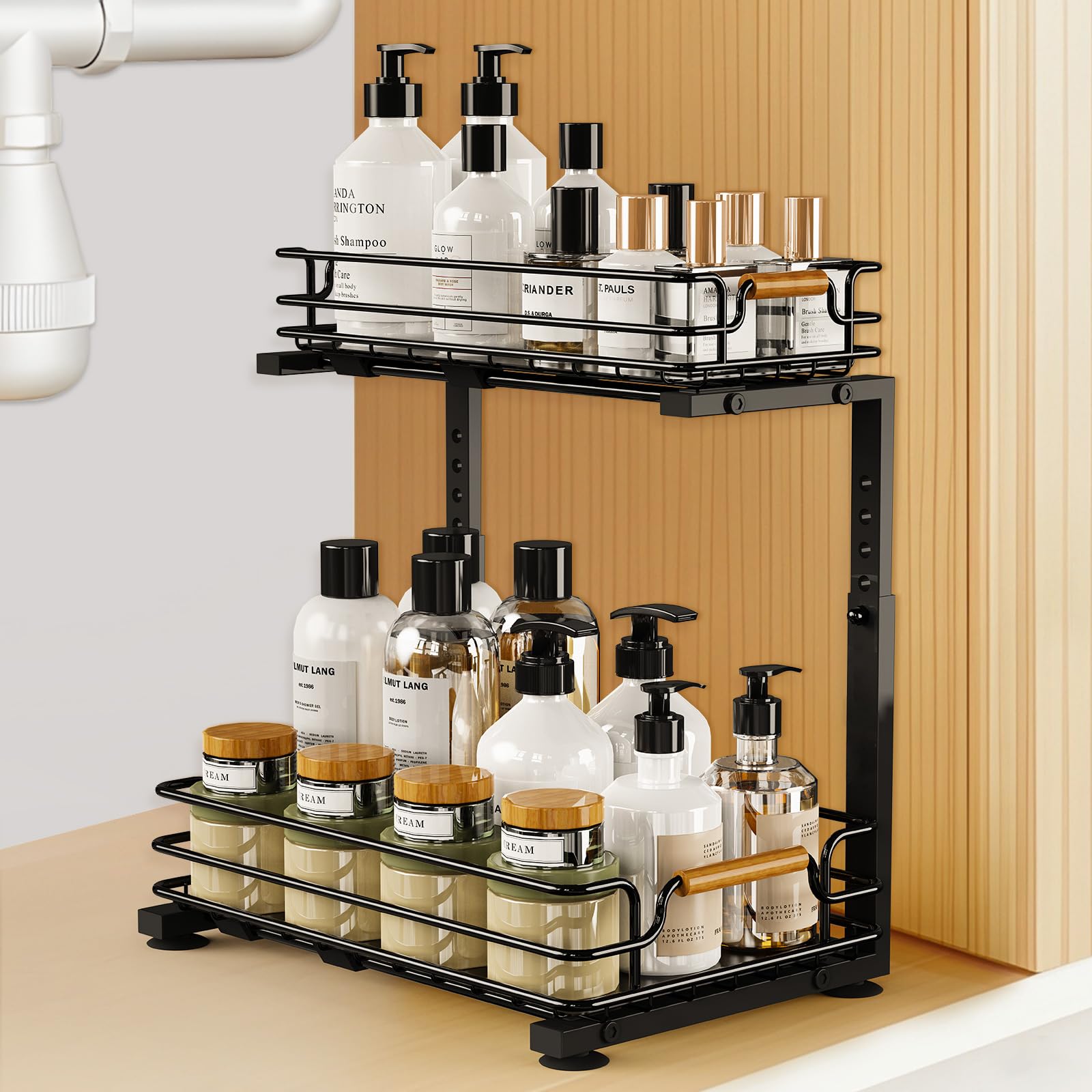 JYPS Kitchen Organiser, 2 Tier Metal Under Sink Storage Slide Out Shelf, Height Adjustable Sink Kitchen Storage, Cupboard Rack Sink Organiser for Bathroom, Spice, Cabinet (Black)