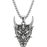 ellifam Oni Necklace Japanese Style Devil Skull Grimace Mask, Japanese Oni Mask Pendant Necklace - Gothic Demon Head Alternative Jewelry for Punk, Grunge, Monster, Amulet
