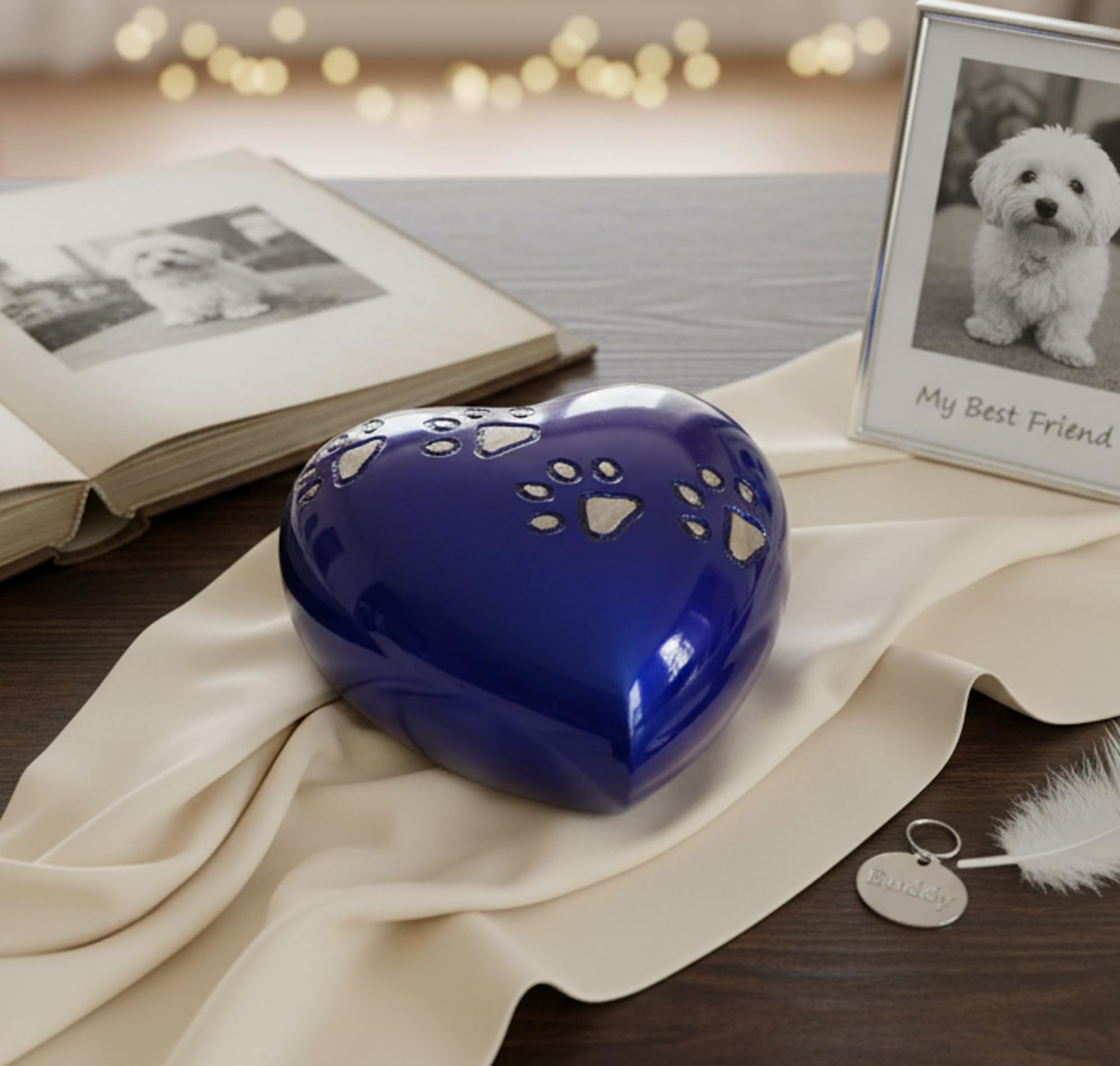 eSplanade Brass Pet Dog Cat Urn | Blue Paws Pattern Keepsake | Burial Urn | Memorial Jar Pot