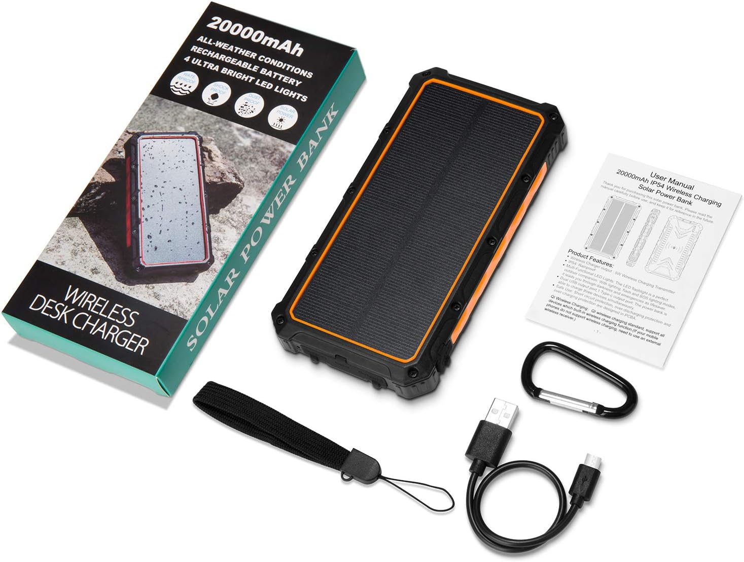 Solar Charger 20000mAh, Wireless Portable Solar Power Bank External Backup Battery, 3 Output Ports, 4 LED Flashlight, Carabiner, IP54 Rainproof for Camping, Outdoor Activities