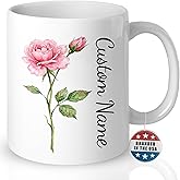 Personalized Coffee Mug with Name, Custom Flower Design Watercolor Rose 11oz Ceramic Cup, Gift for Women, Mom, Grandma, Birthday, Mother's Day, Floral Taza Personalizada, Multiple Colors