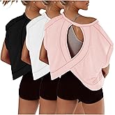 Womens 3 Pack Open Back Tops Casual Short Sleeve Workout Shirts Y2k Crop Athletic Tops Gym Yoga Running Tees