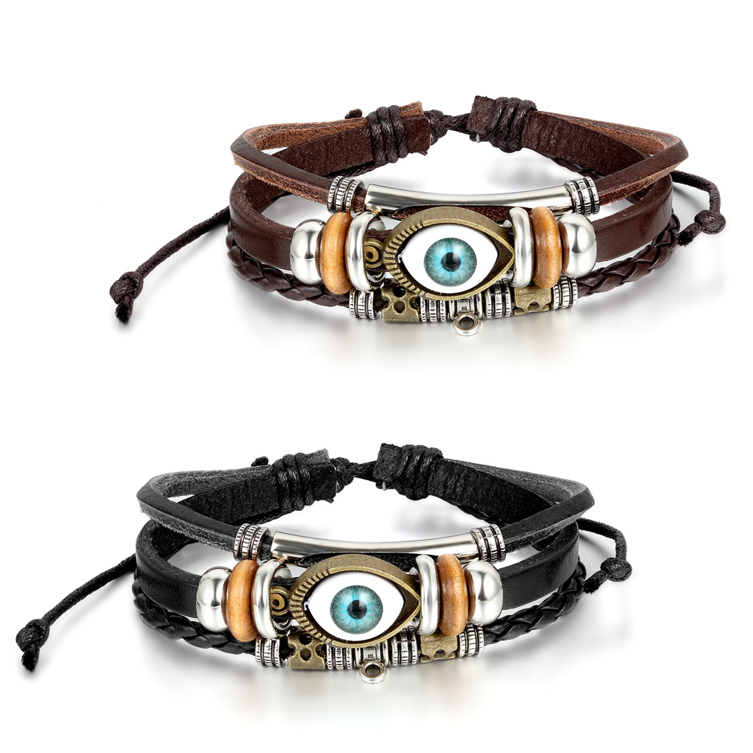 JewelryWe Lot of 2 Leather Vintage Turkish Blue Evil Eye Bracelet Luck Protection Men Women Braided Wrist Cuff, Adjustable 8.1-10.8inches
