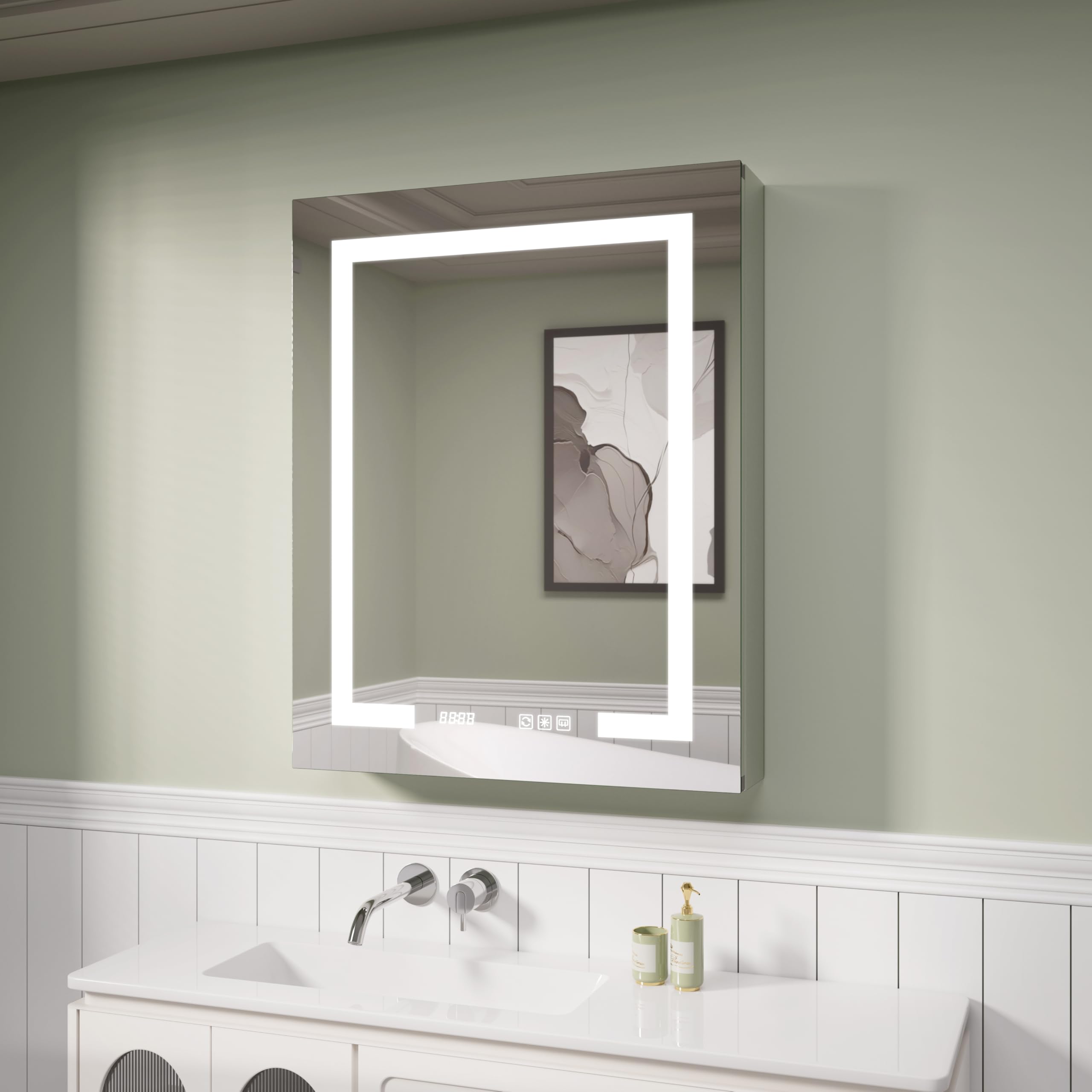 Photo 1 of Medicine Cabinet with Lights with Mirror, 24 x 30 Inch Recessed/Surface Wall Mount LED Lighted Medicine Cabinets for Bathroom with Storage, 3 Colour Lights Dimmable Defog, Time/Temp Display (Left)
