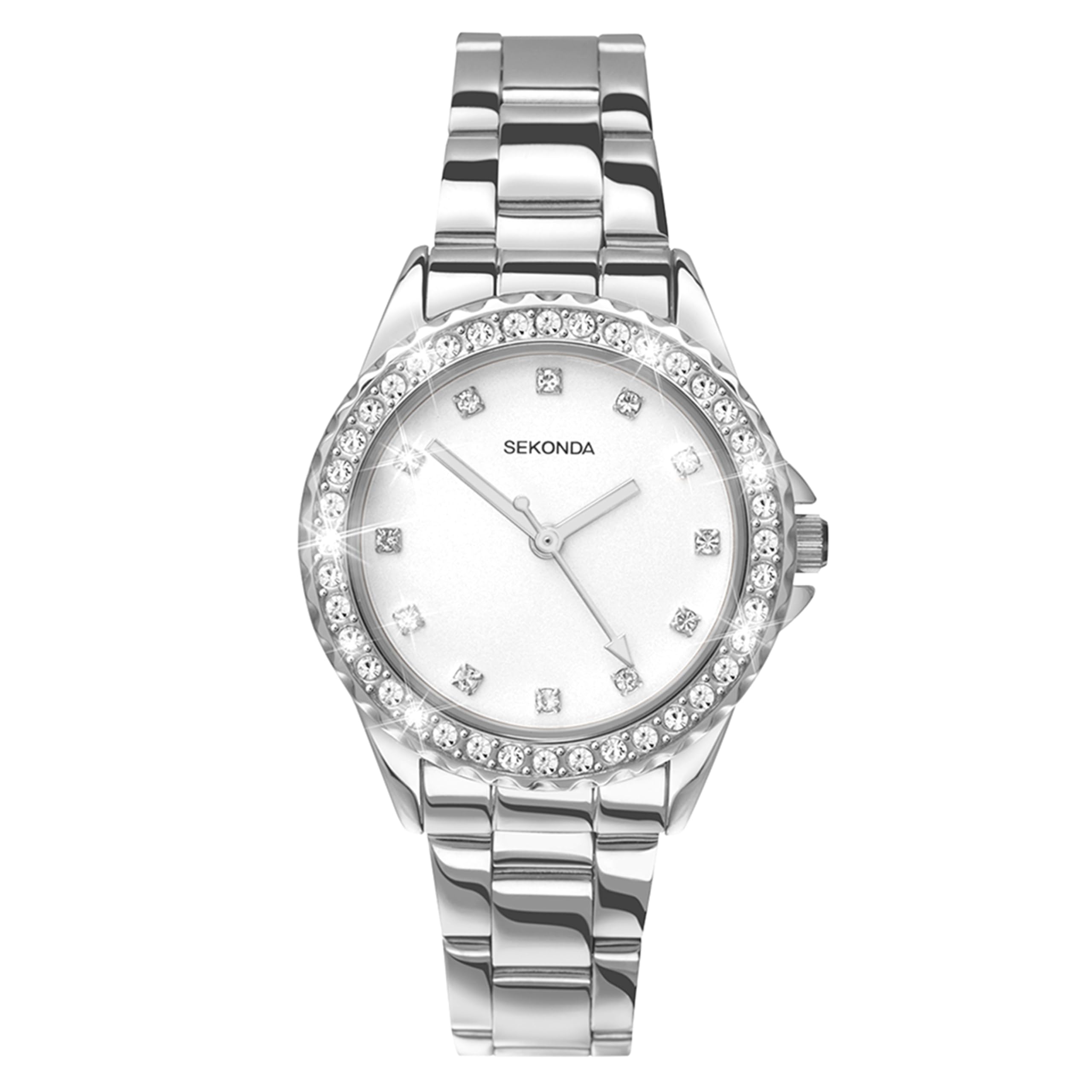 Sekonda Elizabeth Silver Bracelet White Dial Women's Quartz Watch 33mm with Stone Set Case, Analogue Display and Stainless Steel Bracelet