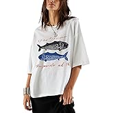 Oversized Graphic Shirt for Teens Girl Y2K Ocean Floral Short Sleeve Baggy Tee Shirts Vintage Aesthetic Coastal Tops