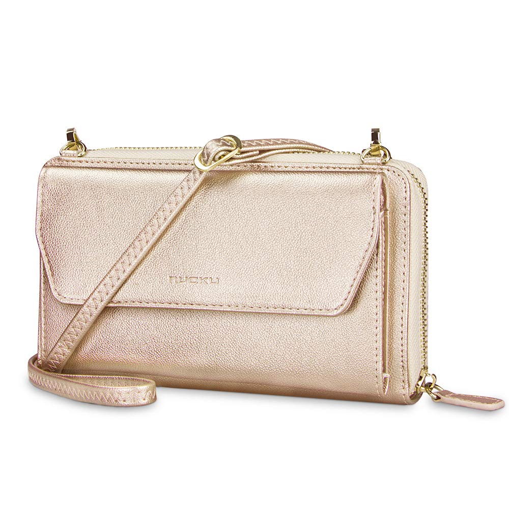 nuoku Womens RFID Wallet Purse Wristlet Crossbody Clutch with Zip Around 2 Strap gold Size: M