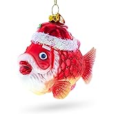 Grandpa Fish in Santa Hat Blown Glass Christmas Ornament