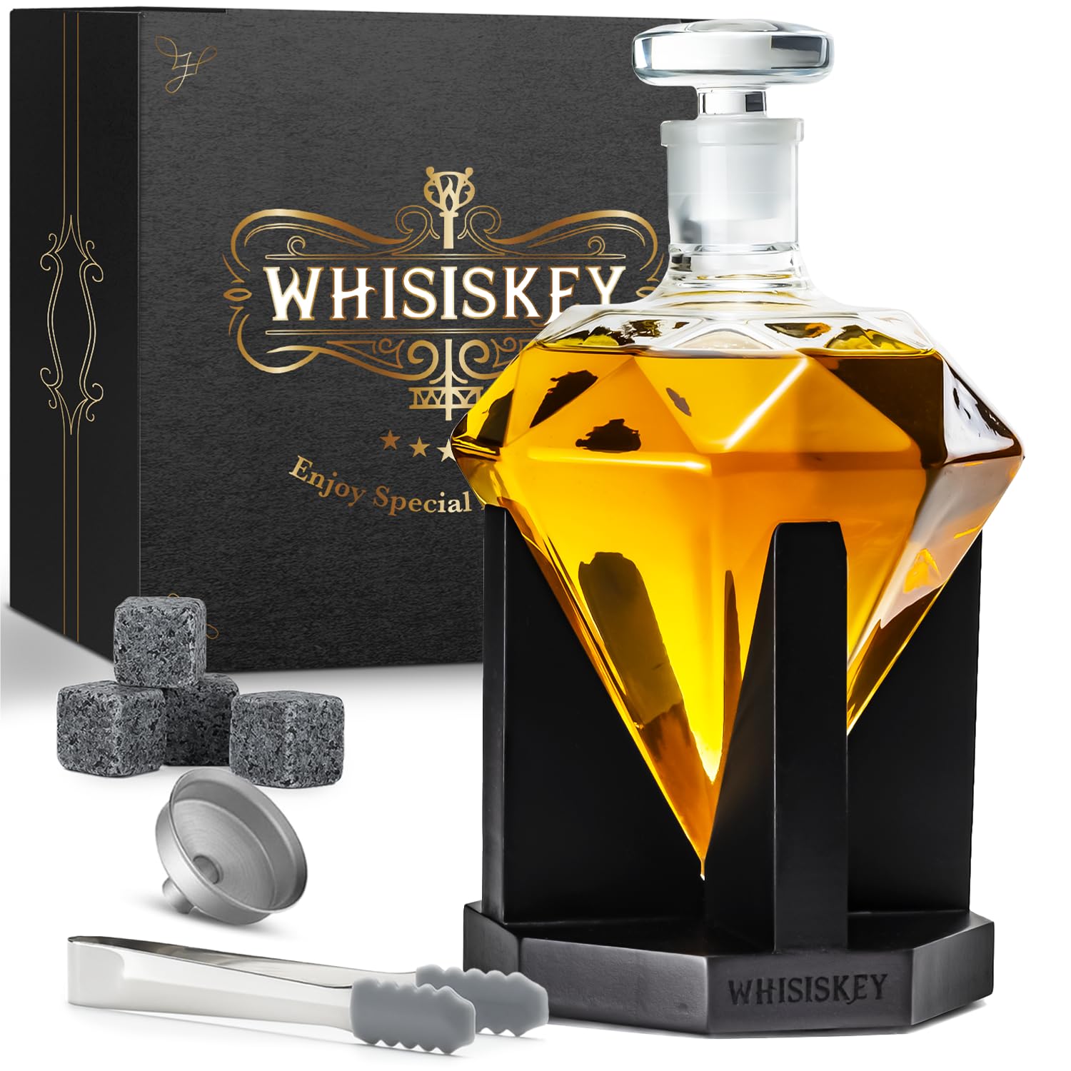 WHISISKEY - Whiskey Decanter Set - 700ML Diamond Carafe - Whiskey Gift Sets for Men - Whisky Set - Glass Gifts for Men - Inc. 4 Whiskey Stones, Accessories