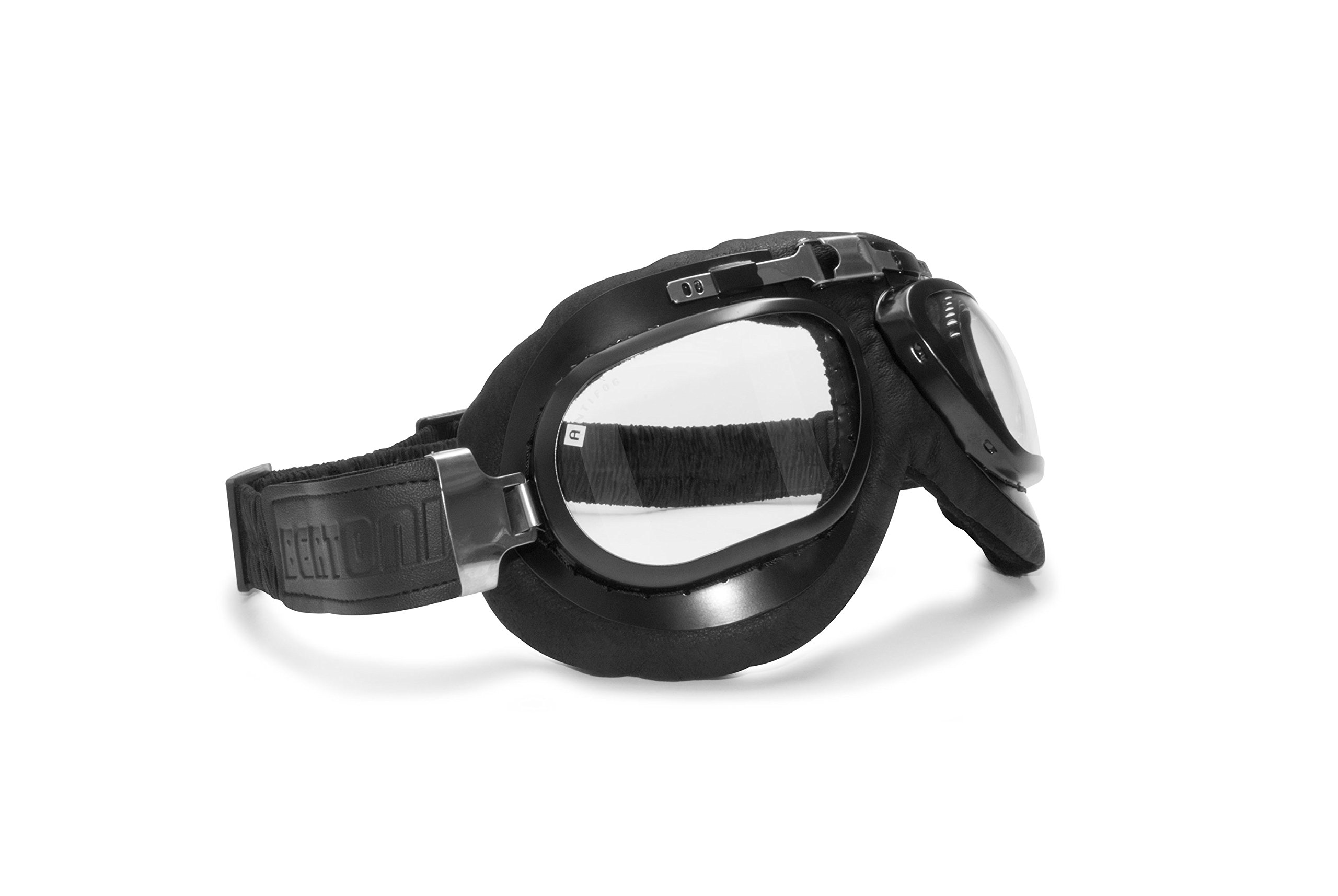 Bertoni Motorcycle Goggles Calfskin Black Leather - Mat Black Steel Frame - AF191L Vintage Motorbike Helmets Glasses