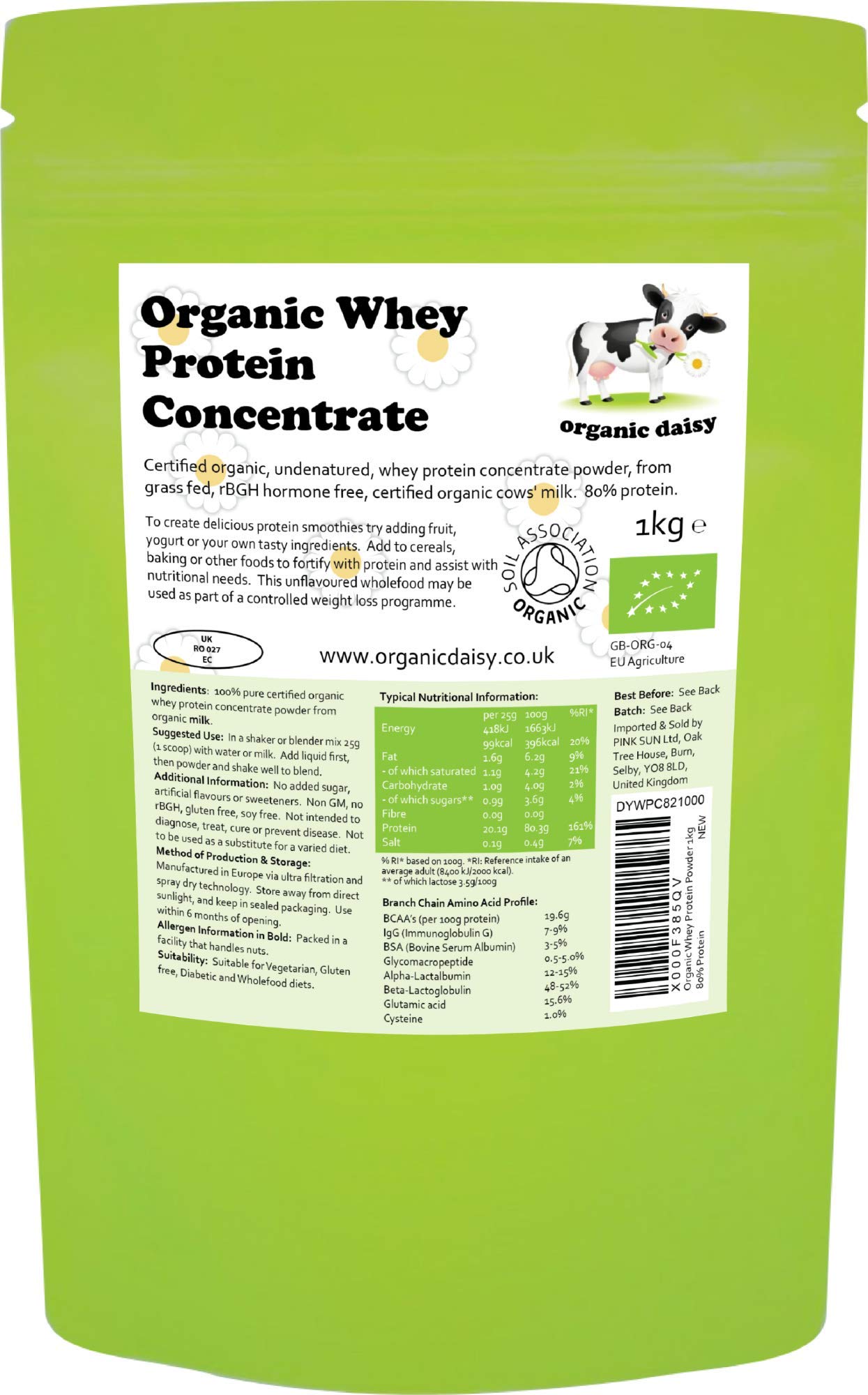 Organic Whey Protein Powder 1kg Unflavoured Grass Fed SOYA Free Pure Concentrate Gluten Free Low Carb Vegetarian 1000g