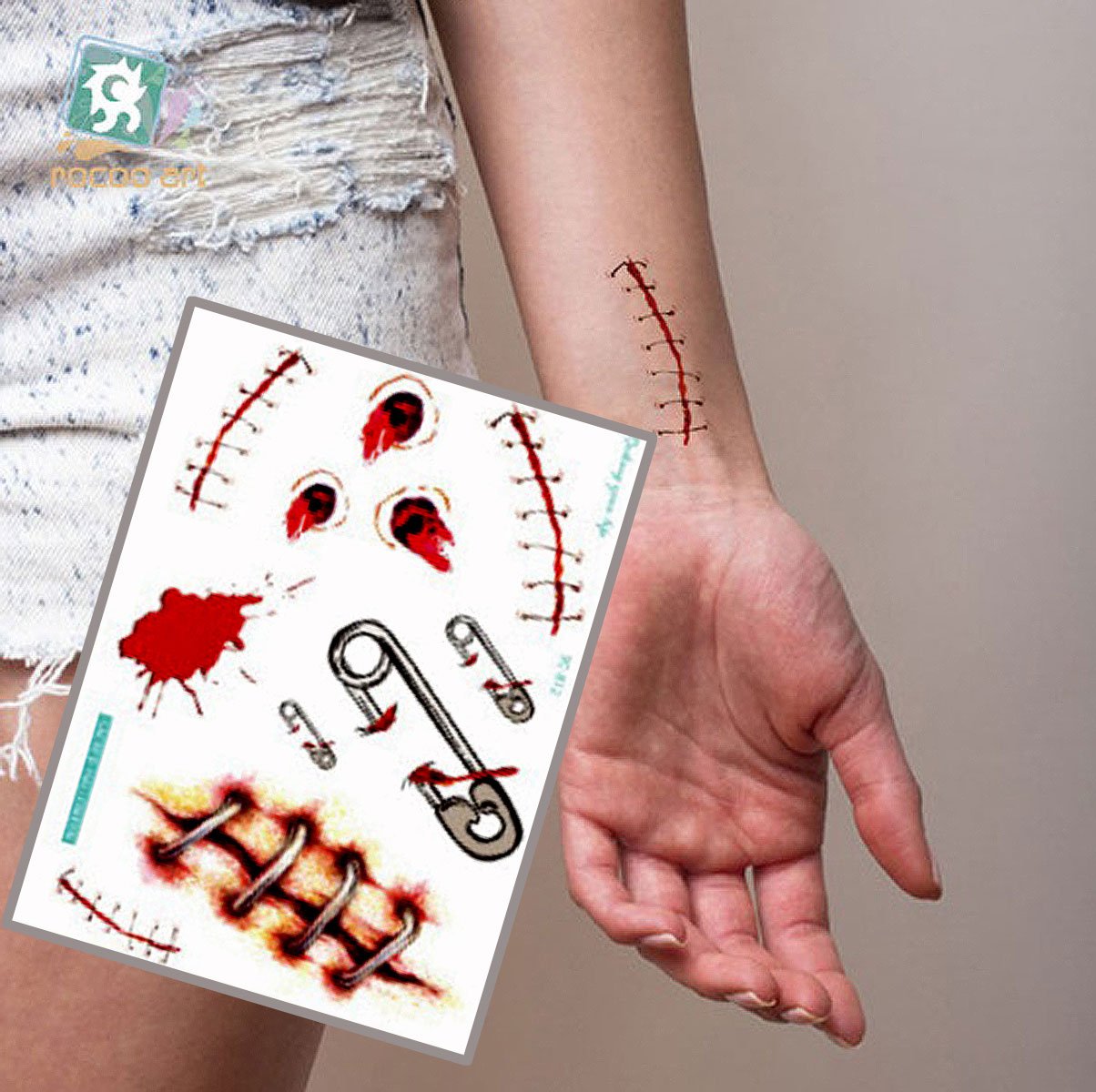 Horror Realistic Scar Tattoo Temporary Waterproof Sticker 8PCS Fake Bloody Wound Scar Scab Stitch Halloween Cos Play Prank Makeup Props