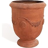 Worth Garden Large Urn Planter - 14" Dia x 16.5" H Lightweight Magnesium Oxide Plant Pot with Cement Texture - Rust-Like Fini