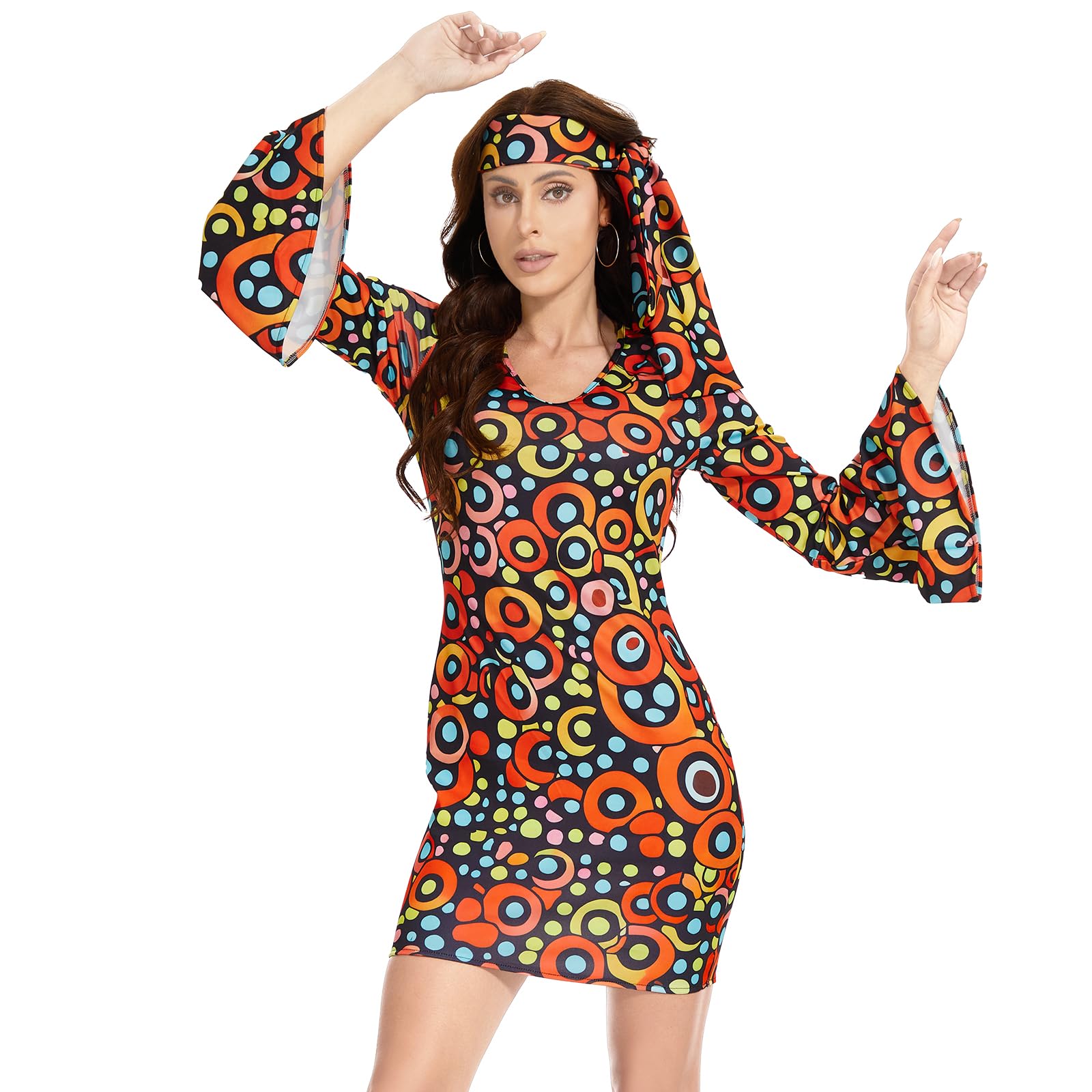JNAOZI 70s Costume Dicso Dress for Women - Hippie Dress with Peace Sign Necklace and Earrings - Disco Outfit Women for Halloween (3XL)