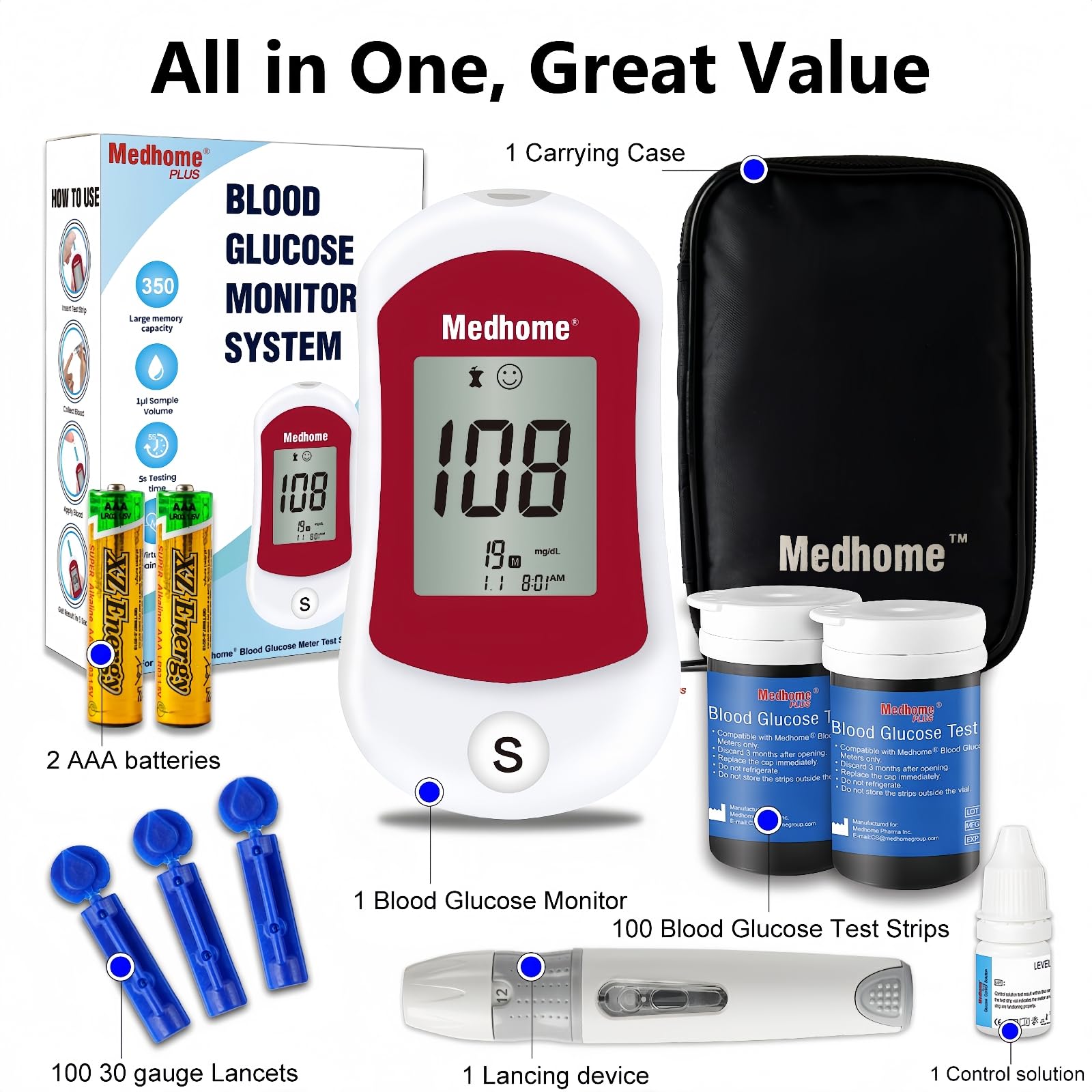Blood Glucose Monitor Kit, Diabetes Testing with 100 Glucometer Strips,100 30G Lancets, 1 Lancing Device, 1 Blood Sugar Monitor with Control Solution, Large Menory Capacity, No Coding.