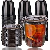 Xuelimei 12oz Disposable Stemless Glasses With Strawless Sip Lids,PET Disposable Drinking Cups,Clear Plastic Wine Glasses for Parties Birthday,Wedding,Meeting,Christmas Party Supplies. (50, Black)