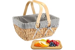 Tiangrid Wicker Picnic Basket with Bamboo Plates Picnic Supplies Set Basket with Liner and Handle Harvest Storage Basket Sturdy Woven Body with Washable Lining for Camping(Stripe,Black White)