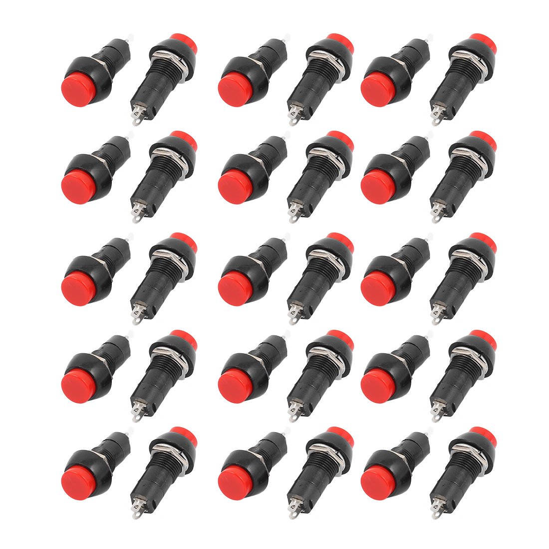 sourcing map 30 Pcs 250V 3A 2 Terminal SPST On/Off Momentary Red Push Button Switch