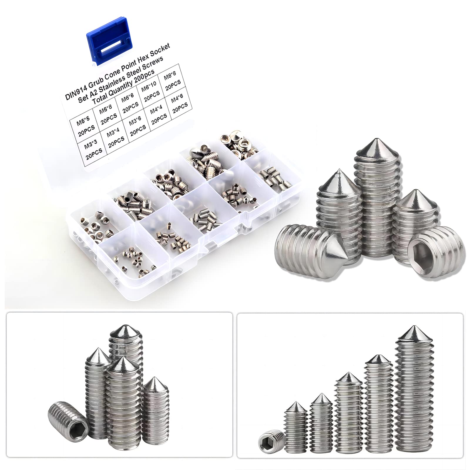 Bailinks 200 pcs Grub Screws, Cup Point Hex Head Screw Set Mixed M2 M3 M4 M5 M6 M8 Metric Hex Head Allen 304 Stainless Steel Screw Kit for Door Handles, Faucet