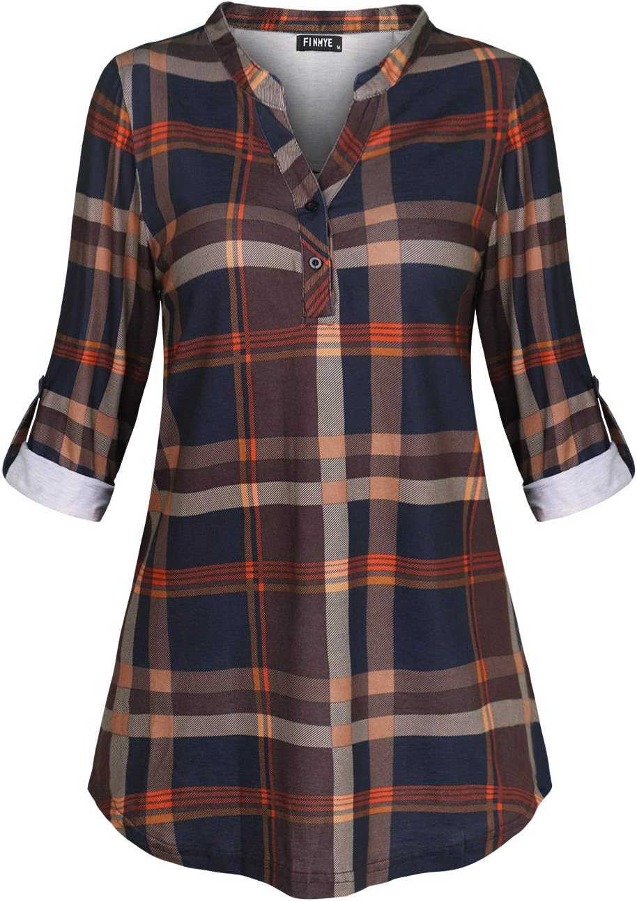 FINMYE Tunic Blouse,for Women 3/4 Sleeve Jersey Knitted Shirts Curve Hem Hip Length Prime Lightweight Notch V Neck Work Shirt Brown XL
