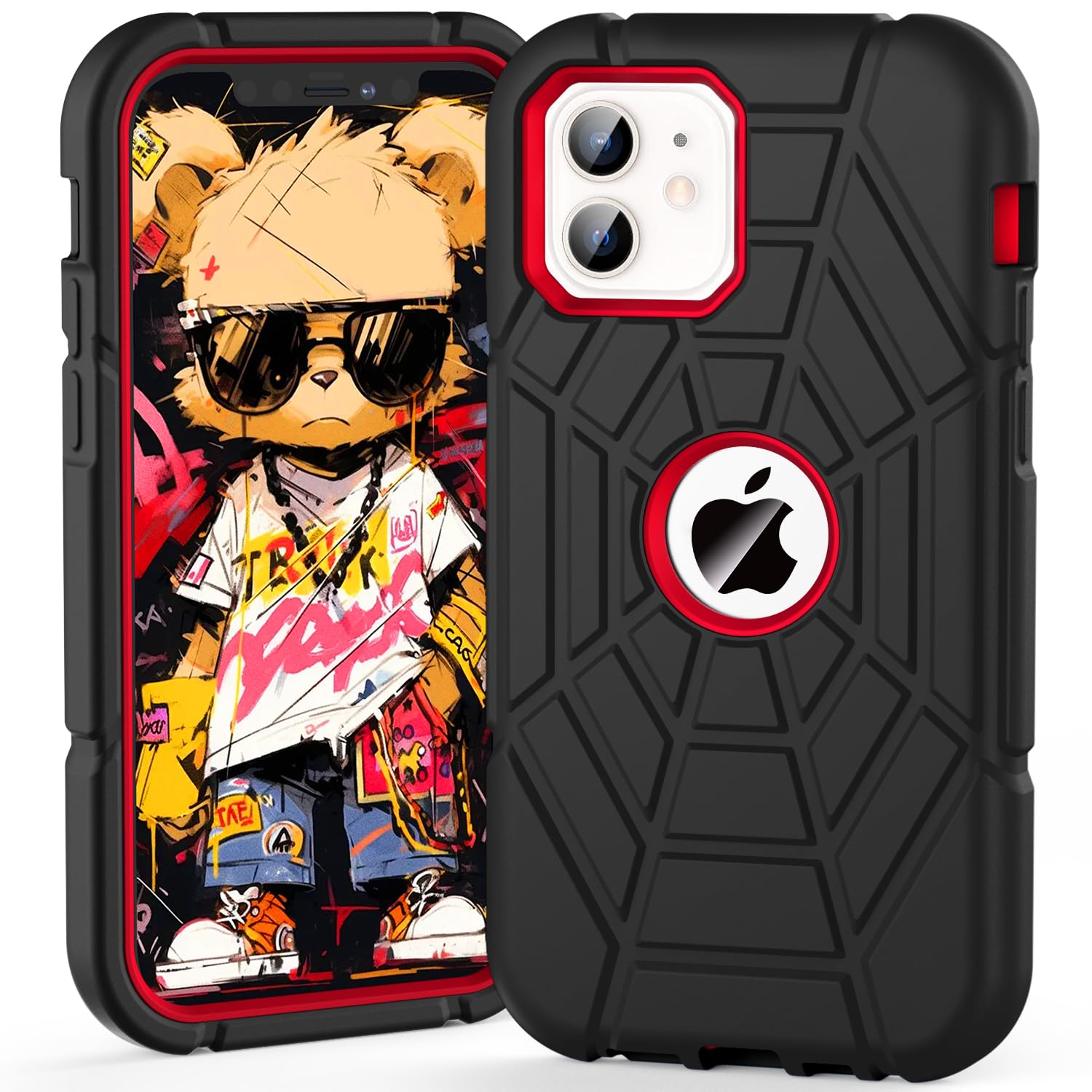 Grifobes Phone Case for iPhone 12, iPhone 12 Pro for Kids, Thick Silicone 3-in-1, Heavy Duty Shockproof Rugged Rubber Protective 6.1 inch Cover 2020 for Boys Men, Black+Red
