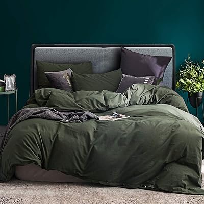 ECOCOTT 3-Piece Duvet Cover Set Queen, Washed Cotton, Avocado Green