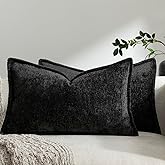 DEZENE Pack of 2 Black Decorative Throw Pillow Covers 12x20 Cozy Soft Chenille Accent Vintage Rectangular Lumbar Couch Pillow Covers for Home Decor Bed Sofa Living Room