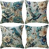 ULOVE LOVE YOURSELF Birds Flowers Throw Pillowcases 4pack Oil Painting Decorative Cushion Cover Farmhouse Spring Summer Decor Pillow Covers 18 x 18 Inches for Sofa Couch Porch (Blue)