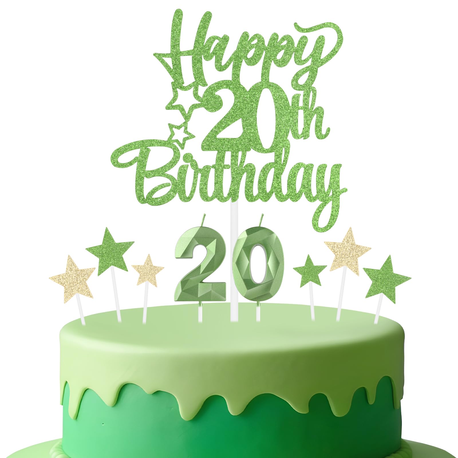 mciskin Tender Green 20th Birthday Candles Cake Toppers Set,3D Number 20 Candle for Cake,Light Green Candles Yellow Star Toppers for Girls Boys 20th Birthday Decorations Party Supplies