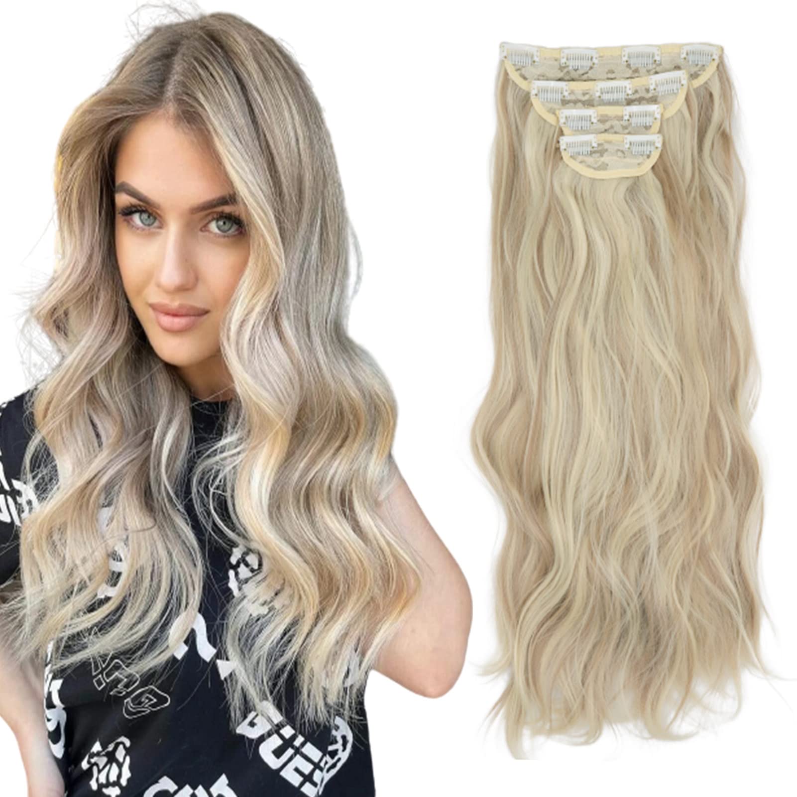 Cybelleza Clip in Hair Extensions Long Curly Wavy Hair Extension 4PCS Ash Brown & Bleach Blonde Thick Full Head Hairpieces Synthetic Fibre for Women,22inch 180g