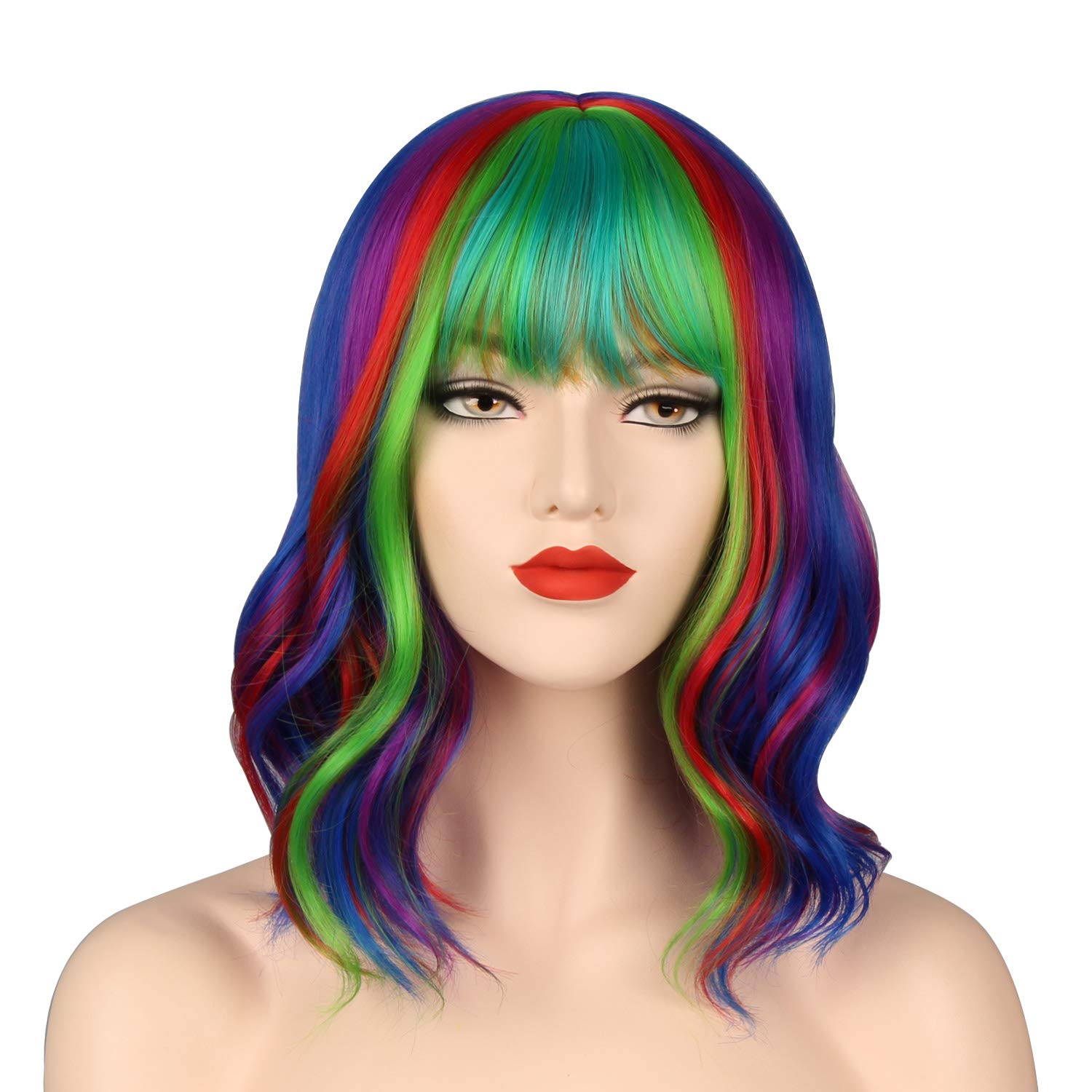 OKVGO Short Curly Bob Wig with Wig Cap for Women Cosplay Party and Daily Use Rainbow
