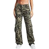 WDIRARA Women's Camo Print Cargo Baggy Jeans High Waist Wide Leg Denim Army Pants