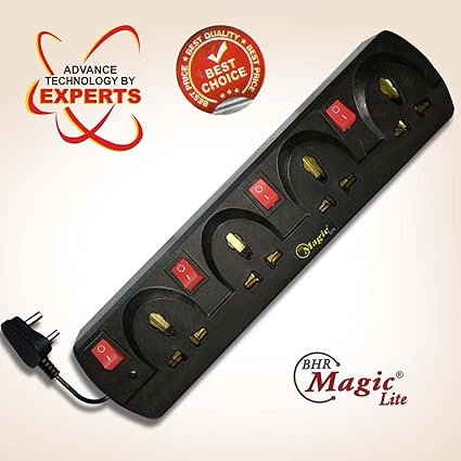 BHR MAGIC LITE Electrical Extension Board Four Sockets with Four Individual Rockers Switches, Power Strip, Extension Cord, Extension Board (Black)