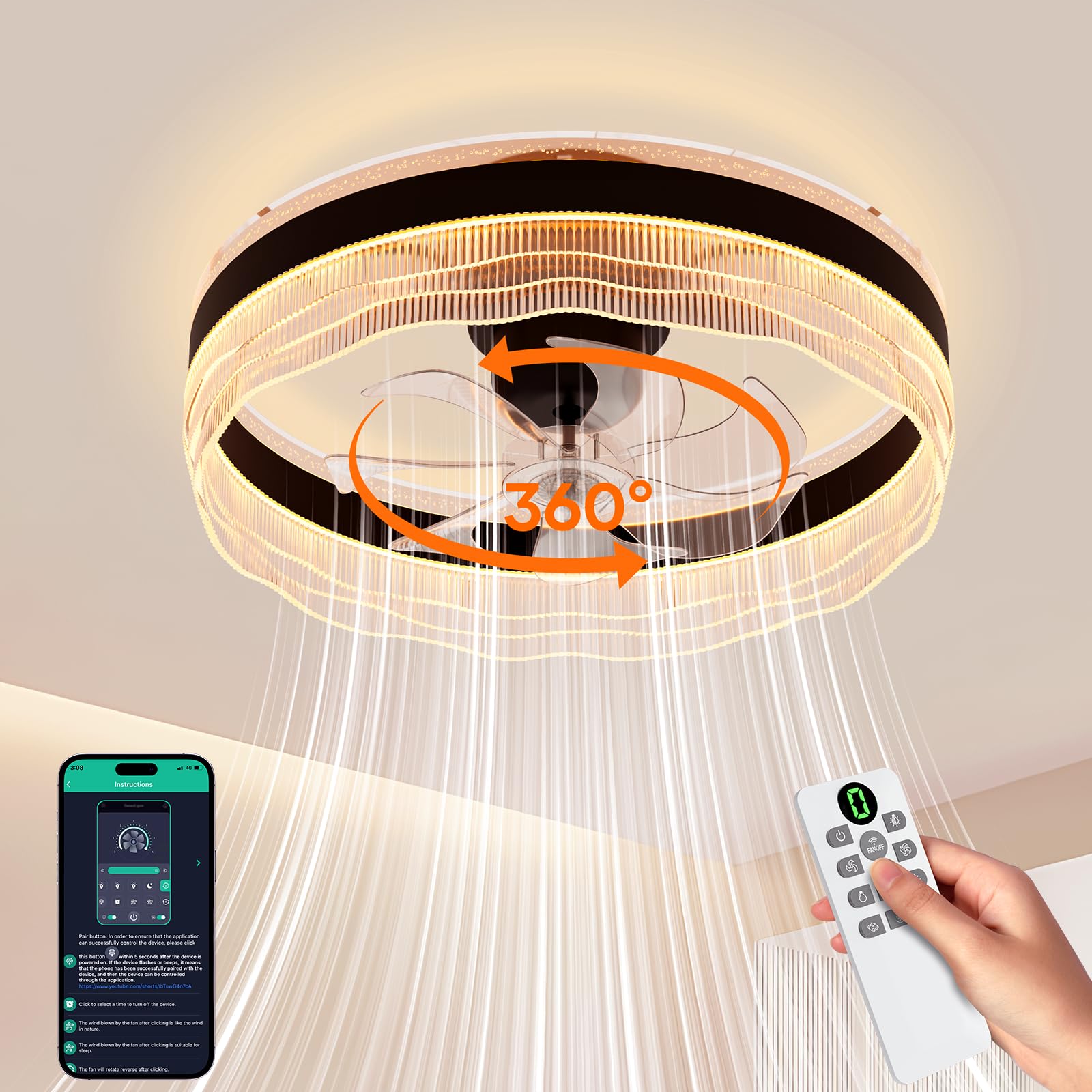 kejector Low Profile Ceiling Fan with Light,20 Inch Fandelier Ceiling Fans with Lights and Remote App Control,360°Oscillation Bladeless Flush Mount LED Fan Light for Bedroom Living Dining Room