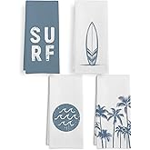 GWFSJYU Coastal Beach Surf Kitchen Towels Set of 4, Surfboard Tropical Palm Tree Dish Tea Towels for Kitchen, Coastal Summer Decorative Hand Towel for Bathroom, Beach Theme Bathroom Decor, 16x24Inch