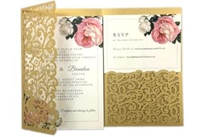 25pcs 5"x7.28" dark gold Vintage Tri Fold Wedding Invitations Cards pocket Pearl Paper Laser Cut Hollow Carving Greeting invi
