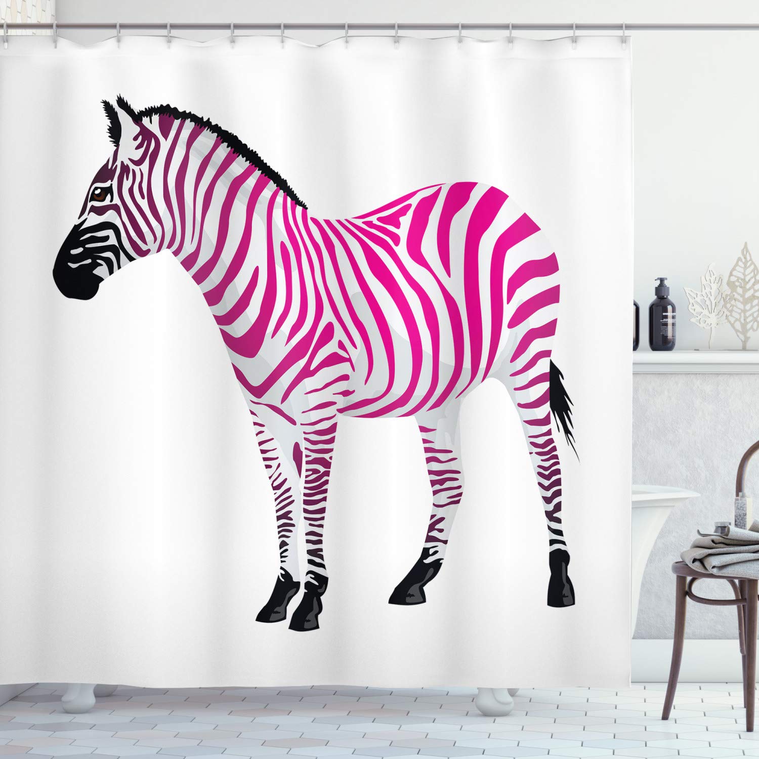 ABAKUHAUS Pink Zebra Shower Curtain, Zebra in Pink Stripes Savannah Animal Wilderness Safari Print, Cloth Fabric Bathroom Decor Set with Hooks, 70 Inches, Dust Black