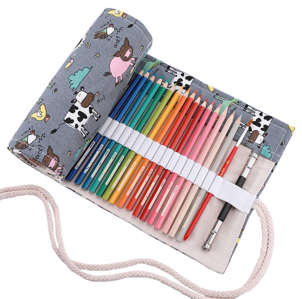Amoyie Roll Up Pencil Case for 36 Coloured Pencils, Foldable Colouring Pens Organiser Bag Kids, Artist Wrap, Canvas Holder, Animal