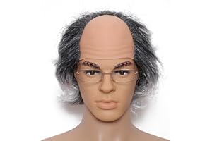 Gvhntk Short Curly Old Man Bald Cap Wig Mad Gray Scientist Synthetic Balding Halloween Anime Cosplay Costume Wigs (Grey)