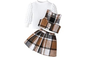 GUODEUNH Toddler Girls Christmas Outfits Girls Puff Sleeve Knit Ribbed Tops Button Down Vest Plaid Skirt Set Winter Clothes