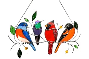 AZURAOKEY Cardinal Gifts Stained Metal Window Hangings, Multicolor Birds on A Wire Bird Series Ornaments Pendant Stained Glass Window Hanging Panel Home Livingroom Decoration