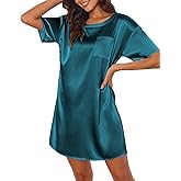 Ekouaer Silk Sleep Shirts for Women Satin Nightshirt Tshirt Nightgown Short Sleeve Sleepwear Round Neck Shirt Dress With Chest Pocket Dark Blue XXL