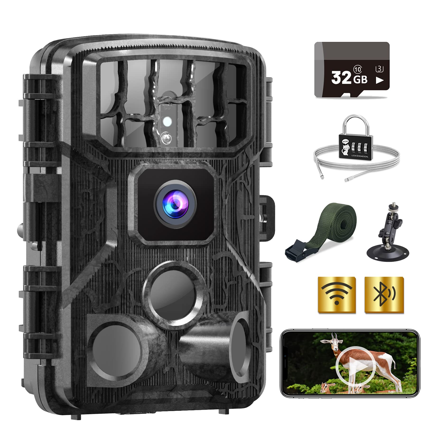 EZETAI Wildlife Camera Wifi,4K 30MP Garden Cameras with Night Vision Motion Activated Waterproof,Night Camera outdoor for Wildlife Monitoring,Home Security,with memory card/Padlocks