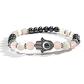 Handmade Hamsa Hand, Rose Quartz, Moonstone and Hematite Healing Bracelet 7 Inches