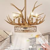 Antler Chandelier Ceiling Fan, 26" Rustic Farmhouse Ceiling Fan with 6 Lights, Retro Country Style Deer Horn Chandelier Lighting, Antler Lamp for Cafes, Bars, Kitchen, Dining Room, Living Room