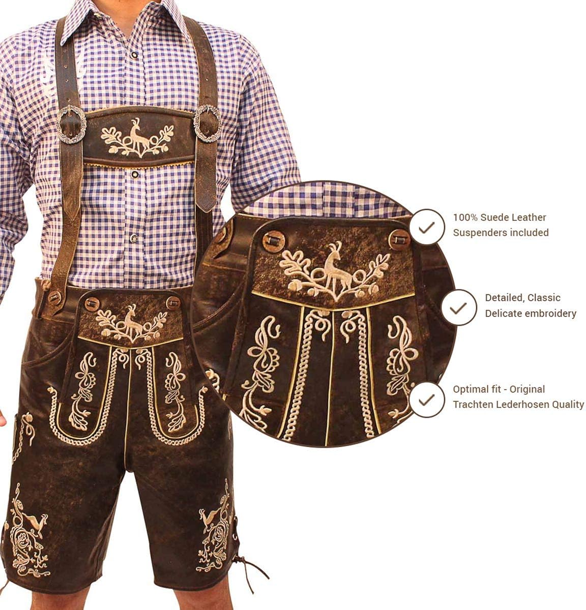 Oktoberfest Trachten Short Lederhosen for Men | Traditional Authentic German Outfit | Wild Brown: Clothing