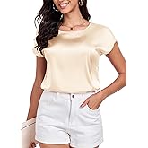 Wantschun Womens Silk Satin Shirt Casual Cap Short Sleeve Blouse Basic Round Neck Work Tops