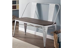 YOLENY Dining Bench, Entryway Bench with Back, Farmhouse Metal Dining Bench, Industrial Mid-Century 3 Person Rustic Spindle Bench, with Wood Seat, Removable Backrest, 42in, White