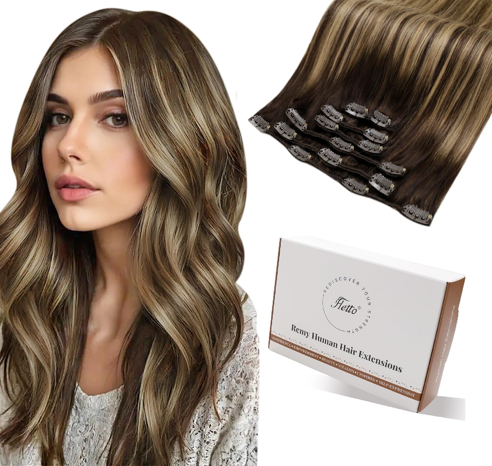 Hetto Clip in Hair Extensions Real Human Hair Balayage Brown Mix Blonde 18 Inch 120g 7pcs - Full Head Easy Install Hair Pieces Clip Ins, Comfortable Secure Clip Design for All Day Wear #4/27/4