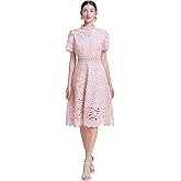 LAI MENG FIVE CATS Women's Short Sleeves Lining Lace Hollow Braided Waistband Solid Color Casual Mini Dress